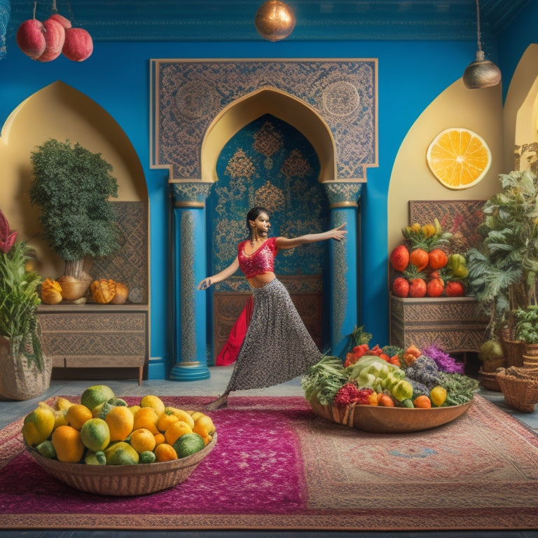 A vibrant illustration of a Middle Eastern-inspired dance studio with a dancer in mid-pose, surrounded by fresh fruits, vegetables, and whole grains, with a subtle background of intricate Arabic geometric patterns.