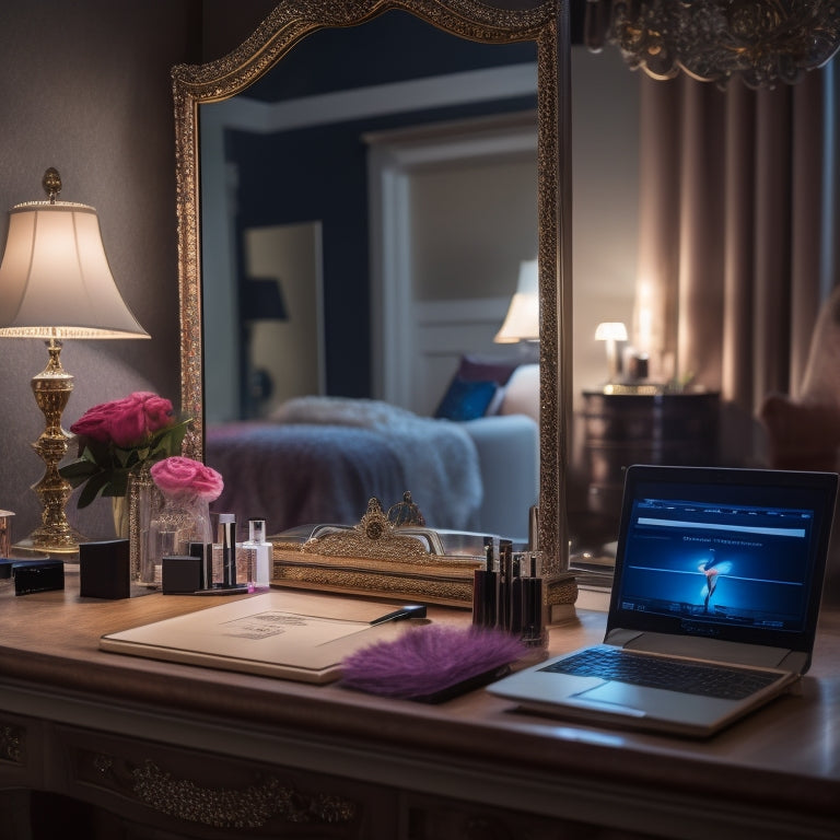 A dimly lit, lavish dressing room with a vanity mirror, surrounded by makeup brushes, palettes, and rhinestones. A dancer's pointe shoes and a laptop with an open online course webpage in the background.