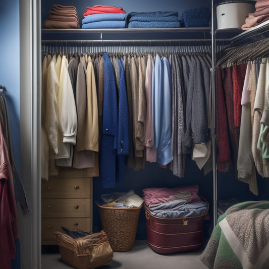 A cluttered closet with clothes hanging from a rod, some wrinkled and creased, others with visible stains or tears, alongside a few garments covered in clear plastic or cloth bags, and a steamer in the corner.