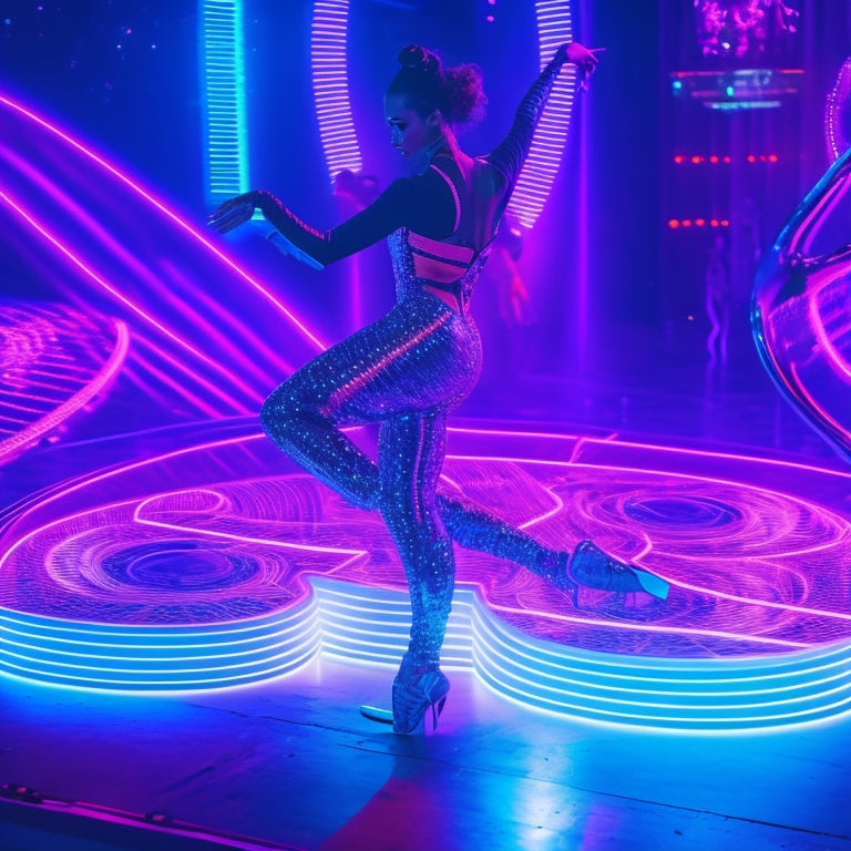 A futuristic, neon-lit dance floor scene featuring a dancer wearing a sleek, 3D-printed wearable with glowing, pulsing lights, surrounded by swirling, vibrant musical notes and futuristic sound waves.