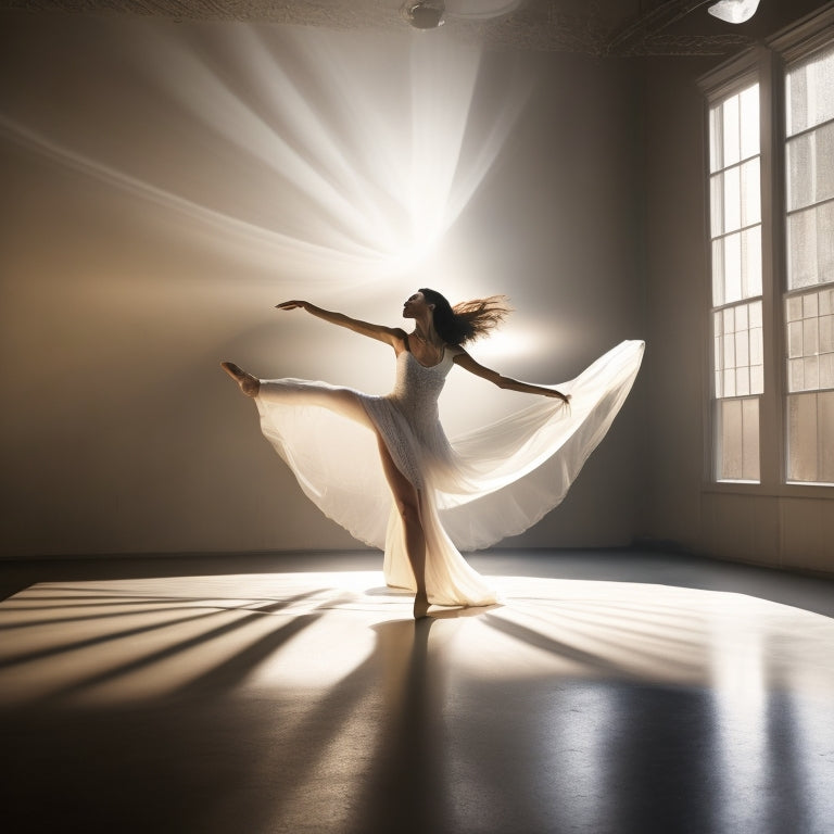 A serene, side-lit dance studio with a lone dancer in a deep, fluid lunge, arms extended, and hips open, surrounded by subtle, swirling patterns of light and shadow.