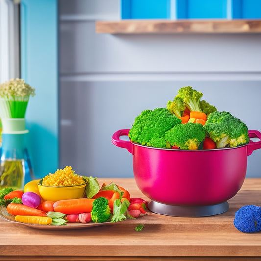 A vibrant kitchen scene showcasing a sleek standing steamer with colorful vegetables like broccoli, carrots, and bell peppers steaming above, fresh herbs scattered around, and a bowl of quinoa on a rustic wooden countertop.