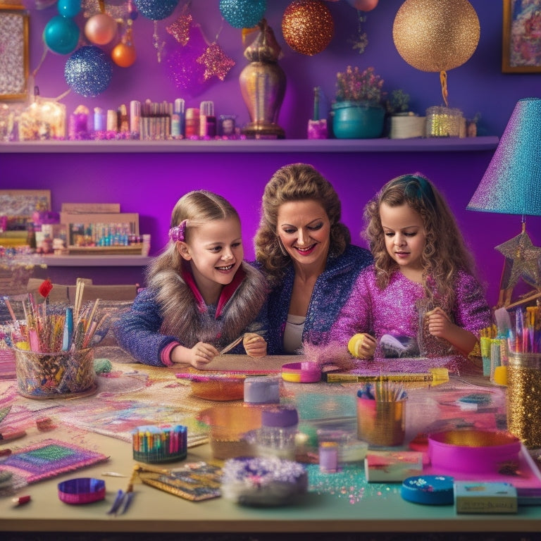 A colorful, whimsical illustration of a craft table with a mom and daughter duo surrounded by various art supplies, glitter, and half-finished DIY projects, with a dance-themed backdrop.