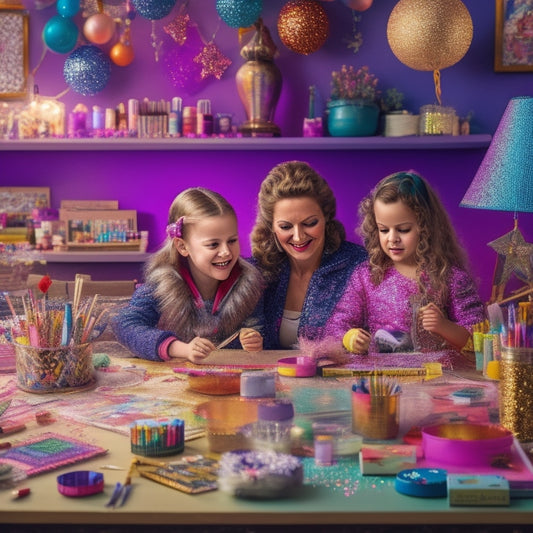 A colorful, whimsical illustration of a craft table with a mom and daughter duo surrounded by various art supplies, glitter, and half-finished DIY projects, with a dance-themed backdrop.