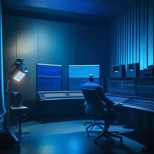 A darkened soundproof recording studio with a solo figure hunched over a mixing console, surrounded by screens displaying waveform patterns, amidst a halo of soft blue light and scattered music sheets.