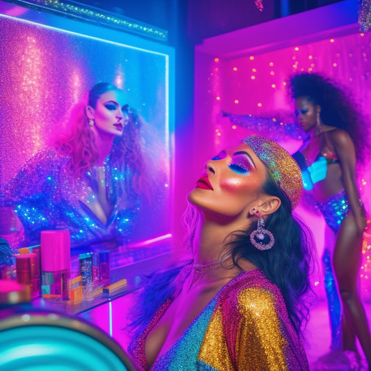 A vibrant, neon-lit dance studio with a mirrored wall, filled with colorful makeup products and Instagram-worthy props, featuring a dancer in a bold outfit, surrounded by sparkling glitter and confetti.