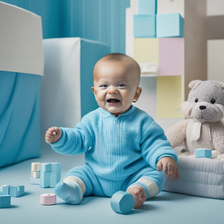 A soft-focus, pastel-hued illustration of a smiling baby in a onesie, surrounded by scattered toys and baby blocks, with a subtle, gradient background in shades of pale blue and cream.