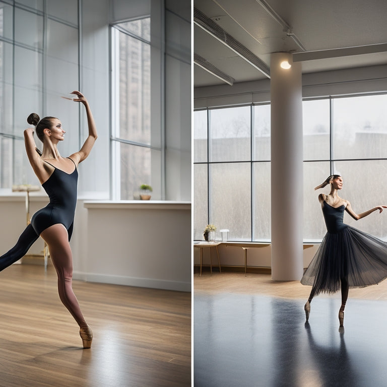 A sleek, modern dance studio with a professional dancer showcasing vibrant, form-fitting performance wear, including a flowing, layered skirt, supportive bodysuit, and stylish ballet shoes, surrounded by mirrors and soft, ambient lighting.