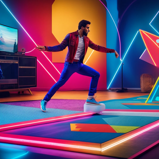 A colorful illustration of a person standing on a dance mat, surrounded by arrows and movement lines, with a gaming console and a TV in the background, conveying energy and fun.