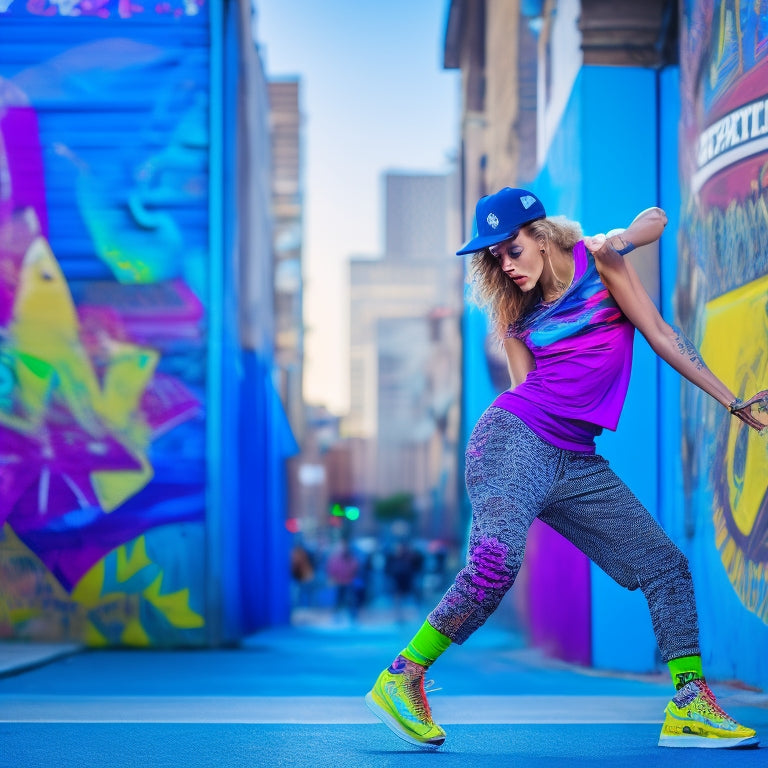 A vibrant urban backdrop featuring a stylish dancer in oversized graphic tee, distressed joggers, bold sneakers, layered accessories, and a snapback, surrounded by colorful graffiti and dynamic movement, capturing the essence of street dance fashion.