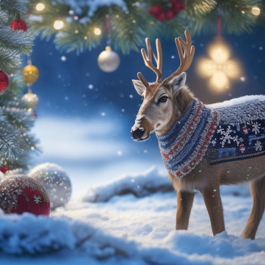 A whimsical, snowy scene featuring a reindeer with intricate, colorful cross-stitch patterns on its fur, surrounded by festive holly, mistletoe, and sparkling snowflakes.