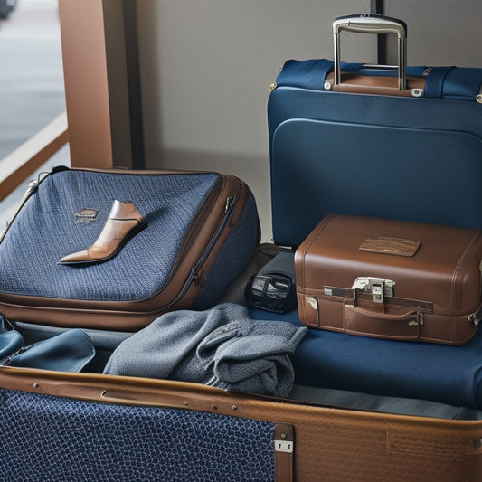 An overhead shot of a well-organized suitcase open on a luggage rack, with a neatly packed suit bag, dress shoes, and travel accessories, set against a blurred airport background.