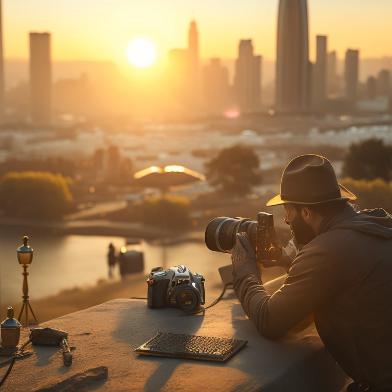 A serene landscape with a photographer in the distance, camera in hand, surrounded by laptops and cameras, with a subtle cityscape in the background, warm sunlight casting a golden glow.