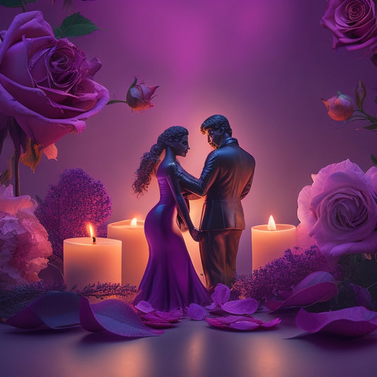 A whimsical, sensual illustration featuring a pair of entwined, silhouetted figures in the foreground, surrounded by scattered rose petals, dim candles, and a subtle, gradient purple background.
