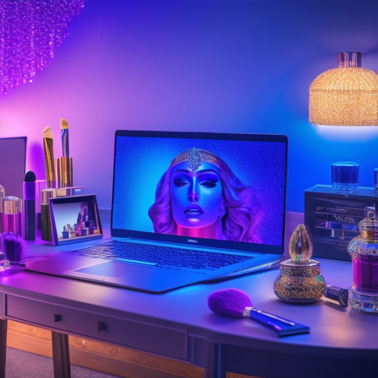 A glamorous, spotlight-lit makeup station with a laptop open to a dance makeup tutorial, surrounded by colorful makeup brushes, shimmering eyeshadows, and a half-done, glittering dance-inspired look on a mannequin's face.