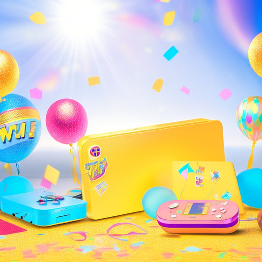 A bright and colorful illustration of a Nintendo Wii console and Just Dance Summer Party game case surrounded by confetti, balloons, and neon-colored dance poses, set against a sunny yellow background.