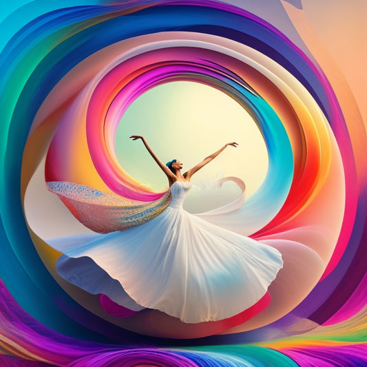 A serene, whimsical illustration featuring a dancing figure surrounded by swirling colors and abstract shapes, with a subtle, calming aura and gentle, flowing lines that evoke mindfulness and creativity.