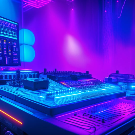 A futuristic, neon-lit DJ console surrounded by pulsing, electric blue wires, amidst a dark, misty atmosphere, with a massive, glowing, purple equalizer display in the background.