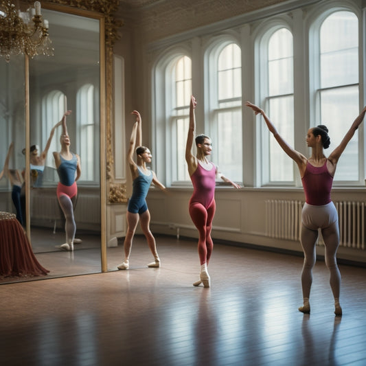 A ballet studio with a wooden barre, a dancer in a leotard and tights stretching their leg up towards the barre, and a mirror reflecting the scene in the background.