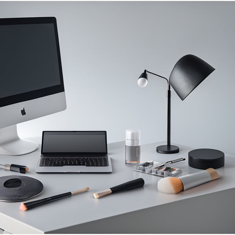 A minimalist, sleek workstation with a laptop, smartphone, and tablet, surrounded by makeup brushes, palettes, and a ring light, against a clean, modern gray background.