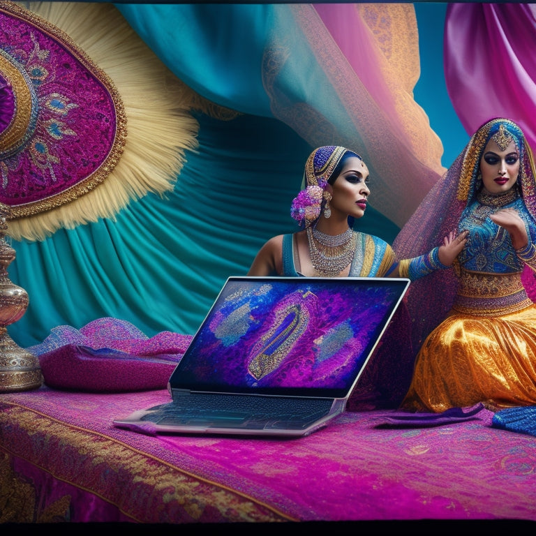 A vibrant, whimsical illustration featuring a laptop surrounded by flowing silk fabrics, glittering belly dance hip scarves, and exotic Middle Eastern patterns, with dancing women's silhouettes in the background.