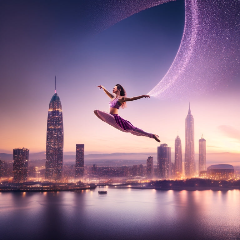 A dynamic illustration featuring a dancer in mid-air, surrounded by swirling spotlights, with a subtle cityscape or concert hall background, conveying energy, passion, and success.