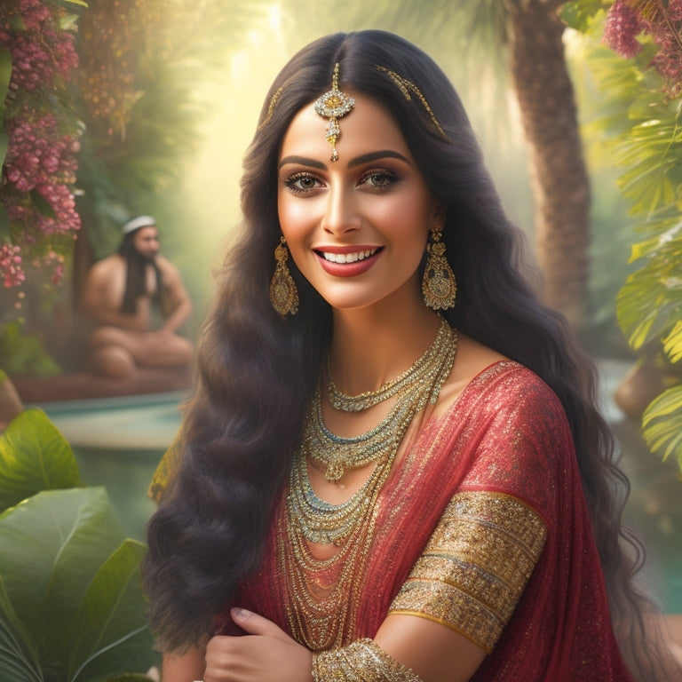 A warm-toned, elegantly-lit illustration of a smiling, slender woman with dark hair, adorned in a flowing, gemstone-embellished costume, posing in a serene, exotic atmosphere, surrounded by lush greenery and subtle Middle Eastern patterns.