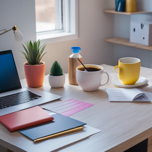 A minimalist desk with a laptop, a cup of coffee, and a few neatly stacked papers, surrounded by colorful paper templates and a few pens, in a bright and airy office space.