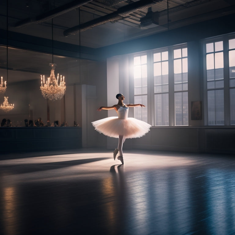 A dimly lit dance studio with a gleaming wooden floor, spotlights shining down on a dancer in a flowing white tutu, surrounded by mirrors and ballet barres, with a subtle cityscape backdrop.