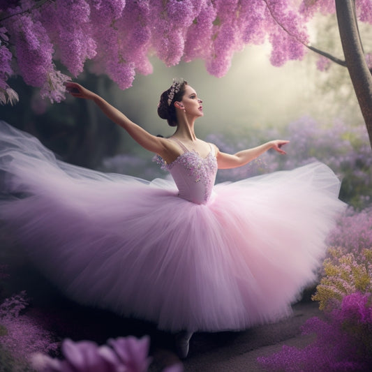 A whimsical illustration of a delicate, tutu-clad ballet dancer surrounded by swirling, soft-focus flowers and gentle, feathery brushstrokes in shades of pale pink and lavender.