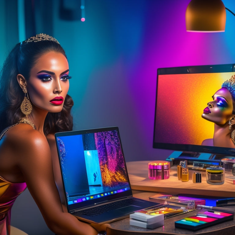 A glamorous, spotlit dancer in a sleek, modern studio, surrounded by makeup brushes, mirrors, and colorful cosmetics, with a laptop or tablet displaying a tutorial video in the foreground.