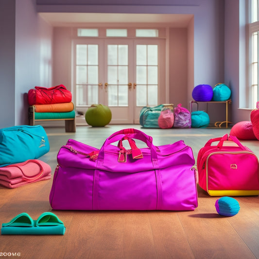 A vibrant dance studio scene featuring an array of stylish, organized dance equipment bags in various colors and sizes. Include ballet shoes, yoga mats, and accessories neatly arranged around the bags, with soft natural lighting.