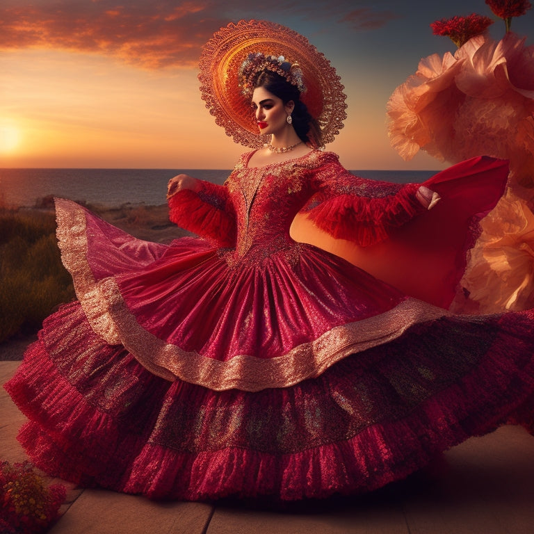 An intricately illustrated flamenco dancer, adorned with flowing ruffles and lace, surrounded by swirling tendrils of flowers, castanets, and Spanish fans, set against a warm, sunset-inspired background.