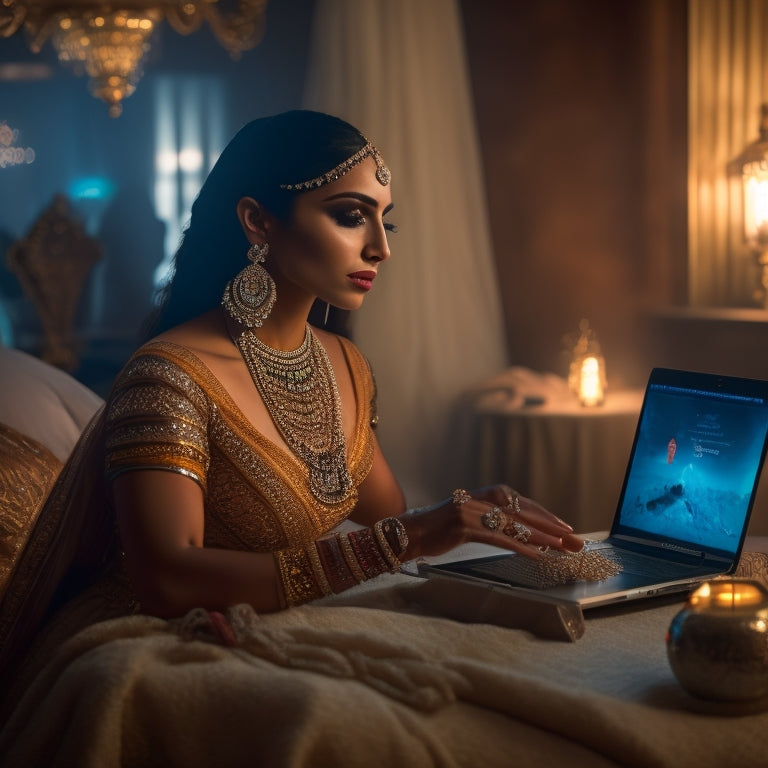 A serene, dimly lit room with a beautiful Middle Eastern-inspired backdrop, a laptop on a low table, and a belly dancer in mid-movement, wearing a flowing skirt and intricate jewelry.