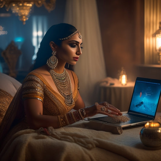 A serene, dimly lit room with a beautiful Middle Eastern-inspired backdrop, a laptop on a low table, and a belly dancer in mid-movement, wearing a flowing skirt and intricate jewelry.