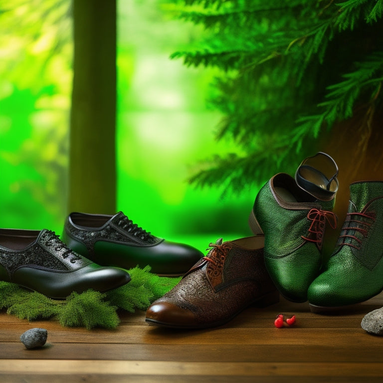 A vibrant display of various Celtic dance shoes, showcasing traditional black leather ghillies, embellished soft shoes, and sturdy hard shoes, arranged on a rustic wooden floor, with subtle hints of lush green foliage in the background.