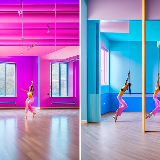 A vibrant dance studio interior with a sleek, modern aesthetic, featuring a wooden floor, mirrors, and ballet bars, with a few dancers in various poses, surrounded by abstract, swirling shapes in shades of pink and blue.