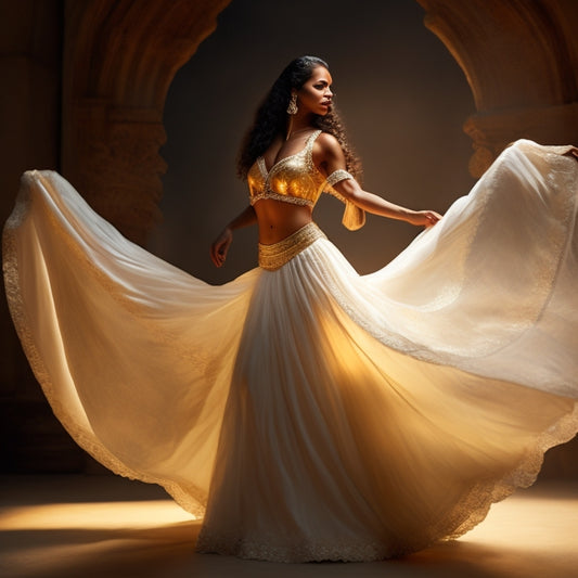 A serene, golden-lit woman stands in profile, wearing a flowing white skirt, her torso elongated, shoulders relaxed, and hips subtly swaying, as if mid-belly dance move, surrounded by subtle, swirling patterns.