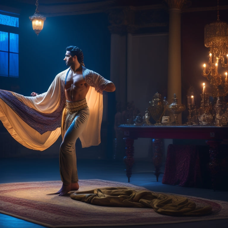 A serene, dimly lit dance studio with a male dancer in a powerful pose, surrounded by props like scarves, veils, and Middle Eastern-inspired patterns, with a subtle hint of a cityscape outside.