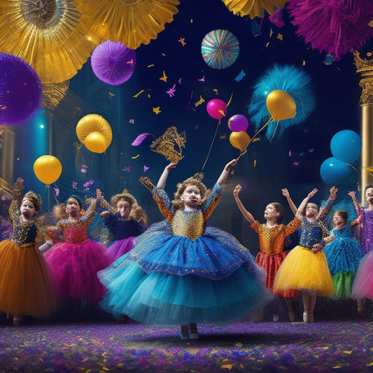 A vibrant illustration of a grand opera house filled with children, aged 4-10, dancing in tutus and colorful outfits, surrounded by golden kites and floating feathers, amidst a whirlwind of confetti and balloons.