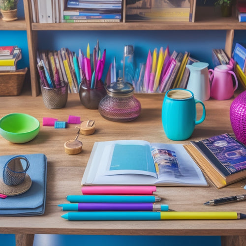 A colorful, organized workspace with a wooden desk, a laptop, and a cup of steaming coffee, surrounded by stacks of books, a bulletin board, and a set of colorful pens and highlighters.