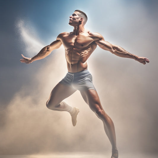 A spotlight shines down on a confident male dancer, surrounded by swirling mist, with dynamic flashes of light reflecting off his muscular physique, as he strikes a powerful pose in mid-air.