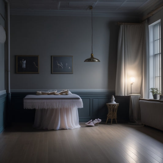 A serene, dimly lit dance studio with a few scattered dance shoes, a ballet barre, and a subtle hint of a moon phase calendar on the wall, surrounded by soft, flowing fabrics.