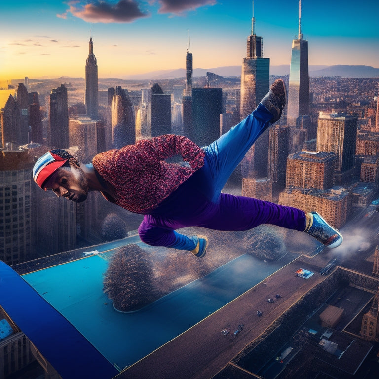 A dynamic illustration of a breakdancer in mid-air, surrounded by swirling shapes and colors, with a cityscape or urban background, conveying energy, movement, and creativity.