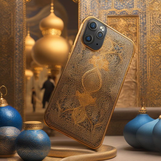 A stylized iPhone with a Middle Eastern-inspired patterned background, surrounded by dancing silhouettes in various poses, with intricate Arabic calligraphy and geometric shapes swirling around them.