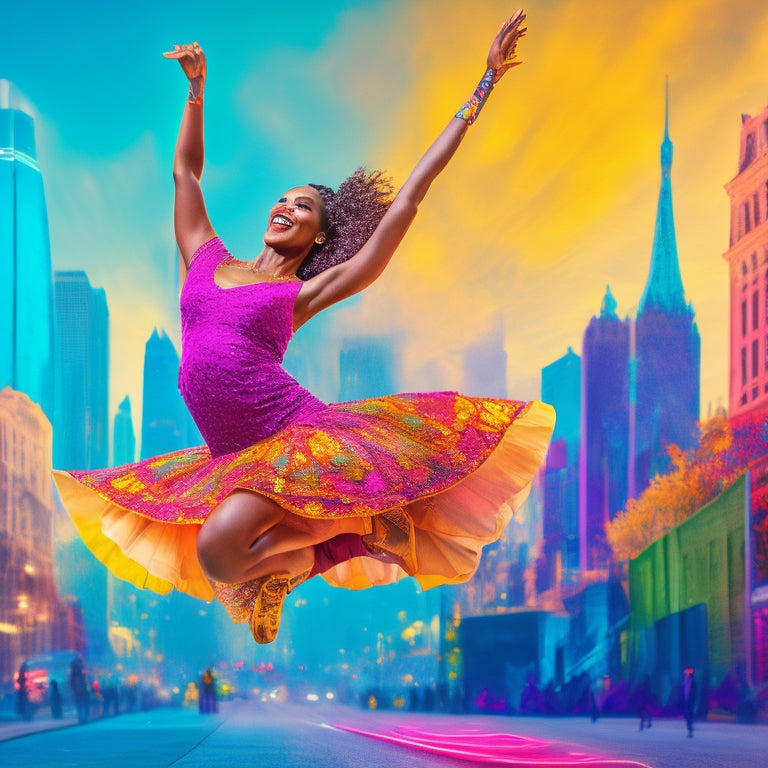 A vibrant, dynamic illustration of a joyful dancer in motion, surrounded by swirling colors and music notes, with a cityscape or studio background, conveying energy, freedom, and self-expression.