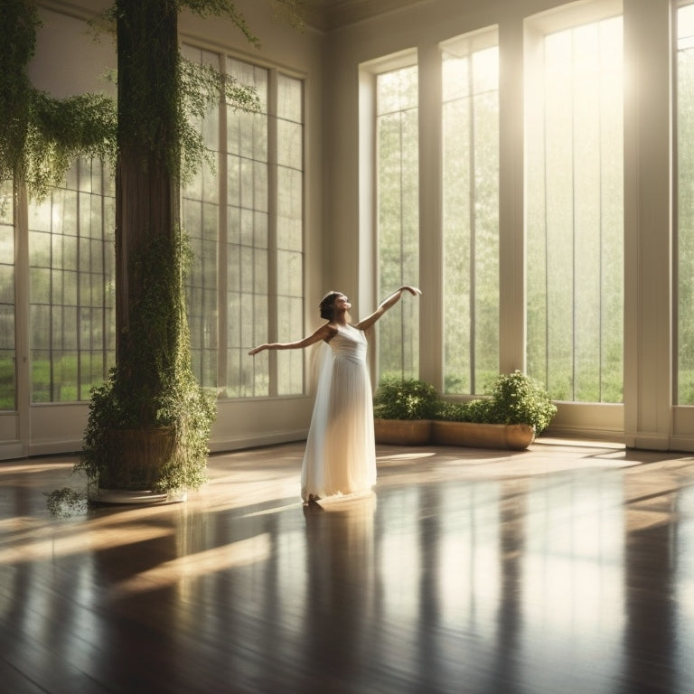 A serene, sunlit dance studio with a lone figure, dressed in flowing attire, performing a graceful arabesque, surrounded by mirrors, wooden floors, and floor-to-ceiling windows with lush greenery outside.