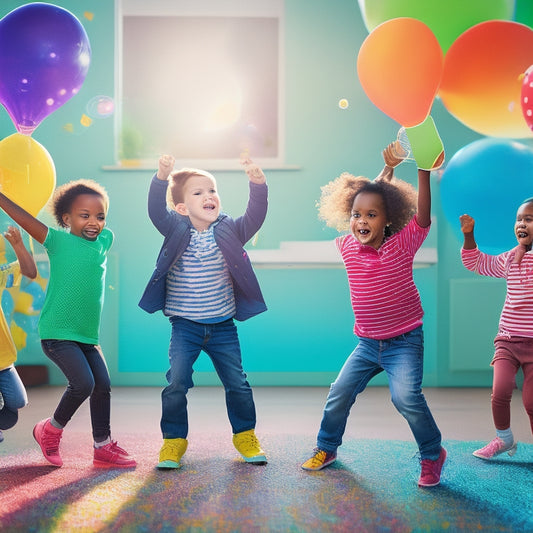 A vibrant illustration of diverse children aged 5-12, surrounded by colorful learning tools and bubbles, jumping, dancing, and playing in a bright, sun-lit room filled with excitement and energy.