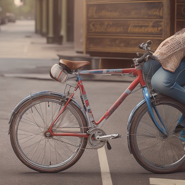 A nostalgic 80s-inspired scene featuring a pair of distressed denim jeans, a cassette player, and a retro-style bicycle, with a faded leg warmer slung casually over the bike's handlebars.