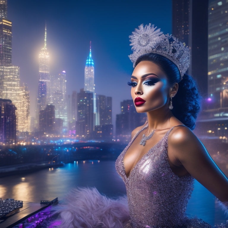 A glamorous, spotlit dancer in a flowing, shimmering costume, surrounded by scattered makeup brushes, palettes, and compacts, with a subtle, shimmering cityscape background.